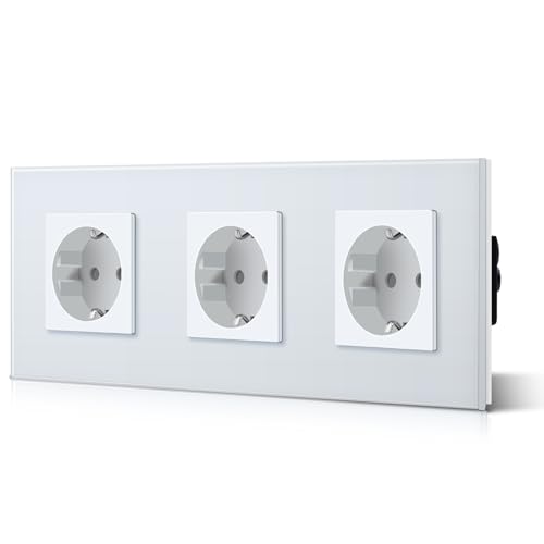 BSEED Schuko Steckdose 3 Fach EU-Standard Triptych Wandsteckdose 16Amp 250 V Verlängerungssteckdosen Kristall Glas Platte 228mm Weiß von BSEED