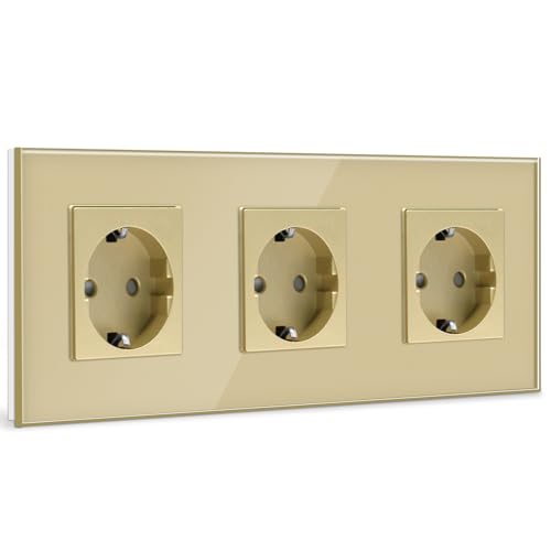 BSEED Schuko Steckdose 3 Fach Kristall Glas Platte Steckdose Glas Schuko Dreifach Steckdose 16Amp Steckdose 228 mm Gold Verlängerungssteckdosen Wandsteckdose von BSEED