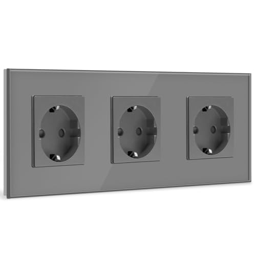 BSEED Schuko Steckdose 3 Fach Kristall Glas Platte Steckdose Glas Schuko Dreifach Steckdose 16Amp Steckdose 228 mm Grau Verlängerungssteckdosen Wandsteckdose von BSEED