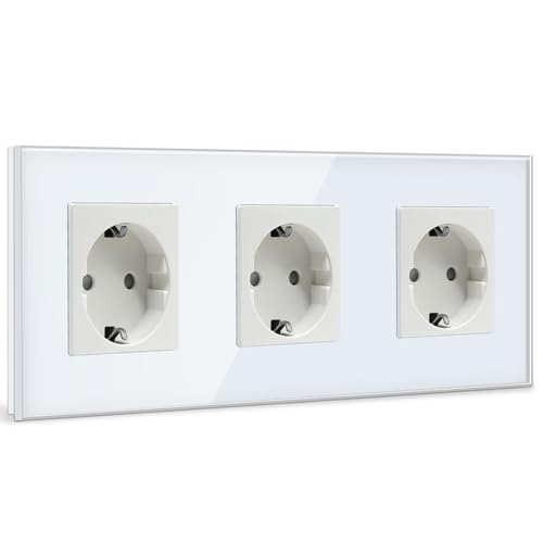 BSEED Schuko Steckdose 3 Fach Kristall Glas Platte Steckdose Glas Schuko Dreifach Steckdose 16Amp Steckdose Weiß Verlängerungssteckdosen Wandsteckdose-228mm von BSEED