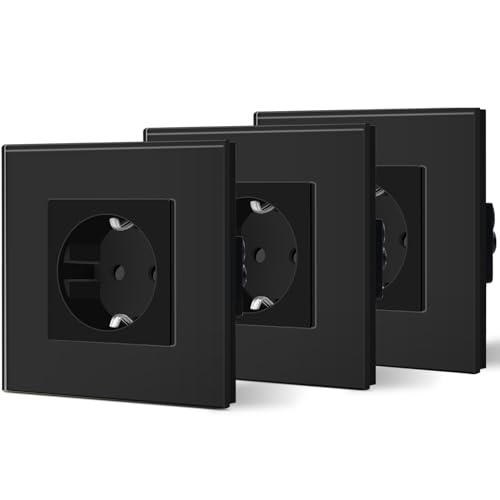 BSEED Schuko Steckdose 3er Pack, 16Amp AC Power Kristallglas Platte, 1 Fach Unterputzdose Steckdose, 86mm Single Schutzkontaktbuchse Wandsteckdose Wandsteckdose Schwarz von BSEED