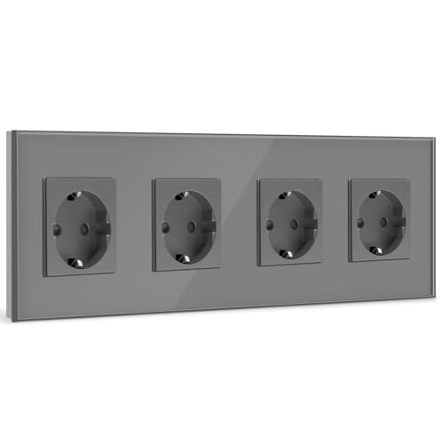BSEED Schuko Steckdose 4 Fach Kristall Glas Platte Steckdose Glas Schuko Vierfach Steckdose 16Amp Steckdose 299mm Grau Verlängerungssteckdosen Wandsteckdose von BSEED