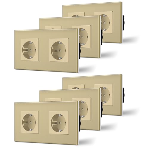 BSEED Schuko Steckdose 6er Pack, 16Amp AC Power Kristallglas Platte, 2 Fach Unterputzdose Steckdose, 157mm Doppelt Schutzkontaktbuchse Wandsteckdose Gold von BSEED
