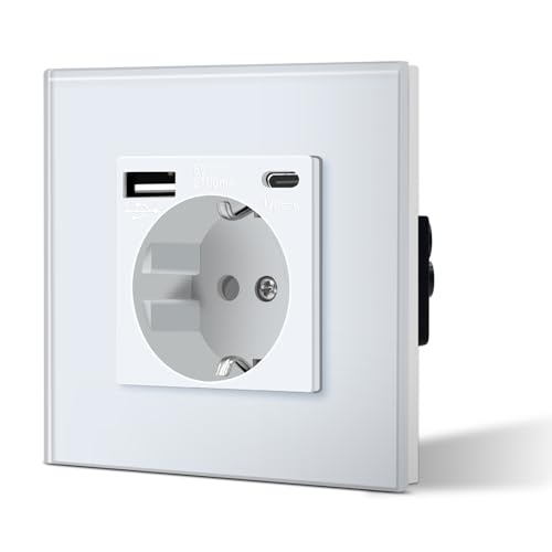 BSEED Schuko Steckdose Glas Weiss Rahmen 3 in1 Unterputz 16 A Steckdosen 1 Weg mit 2.1 A USB Ladeleistung und Typ C Adapter Aufladestation, Einfache Installation, 3-Draht Erforderlich, Weiß von BSEED