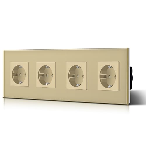 BSEED Schuko Steckdose Kristallglas Platte 4 Fach Steckdose 16Amp AC Power 240V Verlängerungssteckdosen 299mm Wandsteckdose Gold von BSEED