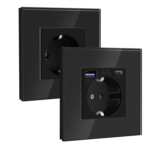 BSEED Schuko Steckdose Pack, 1 x Steckdose mit USB C 20W + 1 x Normale Steckdose, Steckdose Unterputz mit Glas Panel, 16A EU Standard Wandsteckdose für Phone, Pad, MP3-Schwarz von BSEED