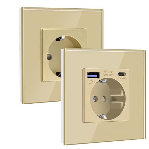 BSEED Schuko Steckdose Pack, 1 x Steckdose mit USB C 20W + 1 x NormaleSteckdose, WandSteckdose Unterputz mit Glas Panel, 16A EU Standard Wandsteckdose für Phone, Pad, MP3-Gold BSEED Schuko Steckdose Pack, 1 x Steckdose mit USB C 20W + 1 x NormaleSteckdose, WandSteckdose Unterputz mit Glas Panel, 16A EU Standard Wandsteckdose für Phone, Pad, MP3-Gold von BSEED