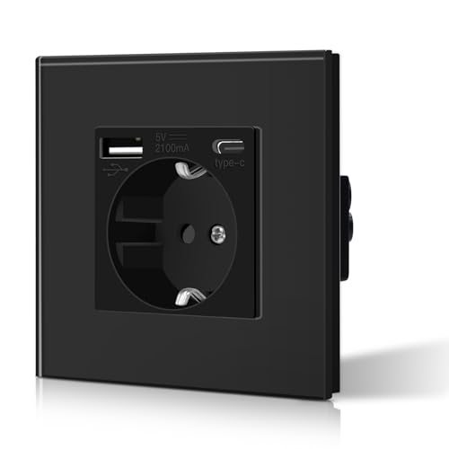 BSEED Schuko Steckdose Schwarz Glas Rahmen 3 in1 Unterputz 16 A Steckdosen 1 Weg mit 2.1 A USB Ladeleistung und Typ C Adapter Aufladestation, Einfache Installation, 3-Draht Erforderlich von BSEED