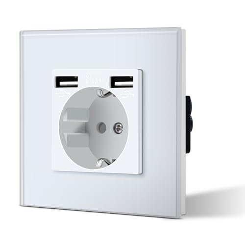 BSEED Schuko Steckdose Unterputz mit 2.1A 1/2 USB Ladeleistung Adapter Aufladestation Glas Panel WandSteckdose 16 Amp Einfache Installation 86mm Weiß von BSEED