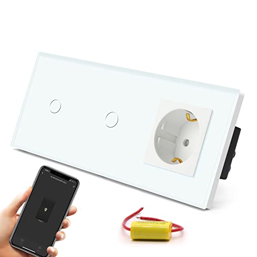 BSEED Schuko Steckdose mit Single Live Wifi Touch Schalter Wandsteckdose aus Glas mit Doppelt Smart Alexa Lichtschalter(Kein Neutralleiter Erforderlich) 1 Fach 1 Weg Weiß, Unterputz Senkrecht von BSEED