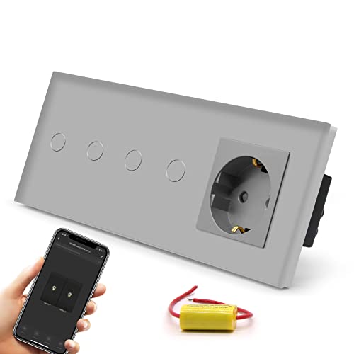 BSEED Schuko Steckdose mit Single Live Wifi Touch Schalter Wandsteckdose aus Glas mit Doppelt Smart Alexa Lichtschalter(Kein Neutralleiter Erforderlich) 2 Fach 1 Weg Grau, Unterputz Senkrecht von BSEED