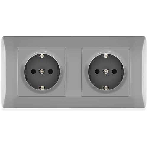 BSEED Schuko Steckdose mit Steckklemme, Doppelsteckdose Unterputz, 2 Fach Steckdose Unterputz mit PC Rahmen, Einbausteckdose Unterputz 16Amp, Doppel Schutzkontakt Wandsteckdose Grau - 152 mm von BSEED