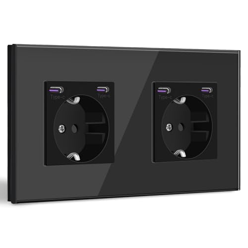 BSEED Schuko Steckdose mit Type C 20W Schnellladegerät, Typ C + Typ C Steckdose Unterputz, 2 Fach EU-Standard Wandsteckdose mit Glas Platte, 157mm, Schwarz von BSEED