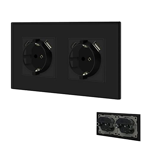 BSEED Schuko Steckdose mit USB/Typ C 16Amp Steckdose mit Steckklemme Unterputz Steckdose mit 3.1A Doppel USB/Typ C 157mm Wandsteckdose Doppelsteckdose Einbausteckdose USB Steckdose Schwarz von BSEED