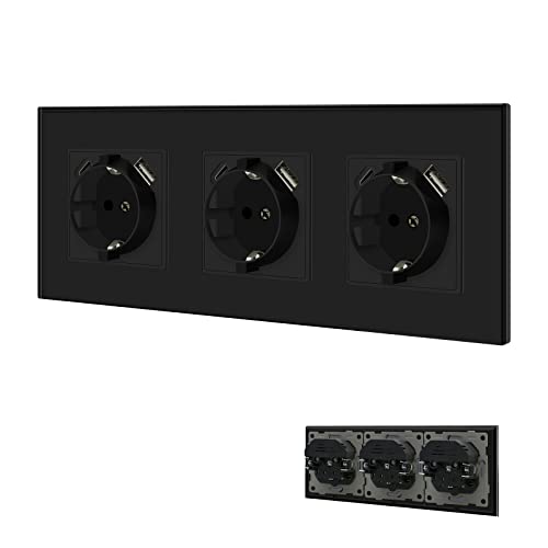 BSEED Schuko Steckdose mit USB/Typ C 16Amp Steckdose mit Steckklemme Unterputz Steckdose mit 3.1A Doppel USB/Typ C 228mm Wandsteckdose Einbausteckdose USB Steckdose Schwarz von BSEED