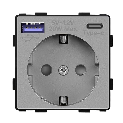 BSEED Schuko Steckdose mit USB C 20W Schnellladegerät, USB Type C Wandsteckdose Funktiontaster ohne Rahmen, USB Steckdose Unterputz, Einbausteckdose-Grau BSEED Schuko Steckdose mit USB C 20W Schnellladegerät, USB Type C Wandsteckdose Funktiontaster ohne Rahmen, USB Steckdose Unterputz, Einbausteckdose-Grau von BSEED