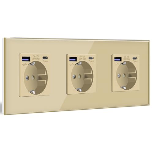 BSEED Schuko Steckdose mit USB C 20W Schnellladegerät USB Type C Wandsteckdose mit Glas Panel, 3 Fach Steckdose, USB Steckdose Unterputz, Einbausteckdose Geeignet für Phone, Pad, MP3 und mehr-Gold BSEED Schuko Steckdose mit USB C 20W Schnellladegerät USB Type C Wandsteckdose mit Glas Panel, 3 Fach Steckdose, USB Steckdose Unterputz, Einbausteckdose Geeignet für Phone, Pad, MP3 und mehr-Gold von BSEED