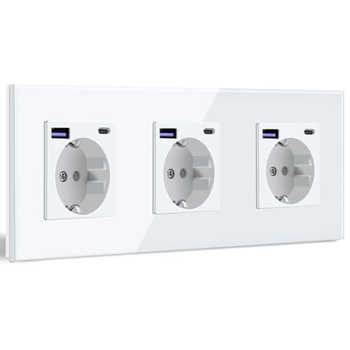 BSEED Schuko Steckdose mit USB C 20W Schnellladegerät USB Type C Wandsteckdose mit Glas Panel, 3 Fach Steckdose, USB Steckdose Unterputz, Einbausteckdose Geeignet für iPhone, iPad, Galaxy usw-Weiß von BSEED
