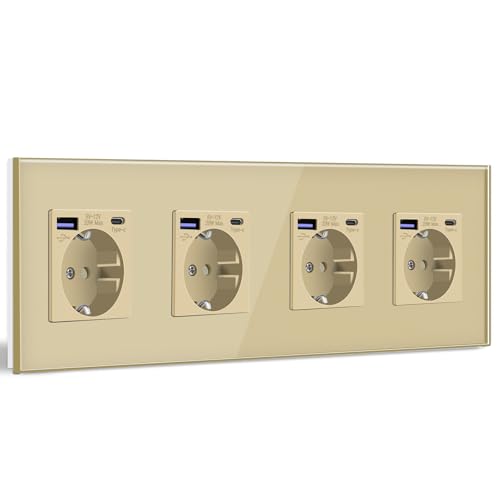 BSEED Schuko Steckdose mit USB C 20W Schnellladegerät USB Type C Wandsteckdose mit Glas Panel, 4 Fach Steckdose, USB Steckdose Unterputz, Einbausteckdose Geeignet für Phone, Pad, MP3 und mehr-Gold BSEED Schuko Steckdose mit USB C 20W Schnellladegerät USB Type C Wandsteckdose mit Glas Panel, 4 Fach Steckdose, USB Steckdose Unterputz, Einbausteckdose Geeignet für Phone, Pad, MP3 und mehr-Gold von BSEED
