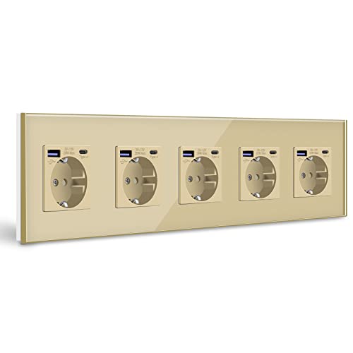BSEED Schuko Steckdose mit USB C 20W Schnellladegerät USB Type C Wandsteckdose mit Glas Panel, 5 Fach Steckdose, USB Steckdose Unterputz, Einbausteckdose Geeignet für Phone, Pad, MP3 und mehr-Gold BSEED Schuko Steckdose mit USB C 20W Schnellladegerät USB Type C Wandsteckdose mit Glas Panel, 5 Fach Steckdose, USB Steckdose Unterputz, Einbausteckdose Geeignet für Phone, Pad, MP3 und mehr-Gold von BSEED