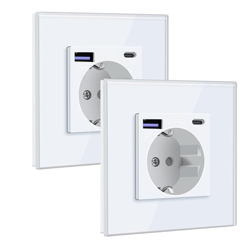 BSEED Schuko Steckdose mit USB C 20W Schnellladegerät USB Type C Wandsteckdose mit Glas Panel,Unterputz, Einbausteckdose Geeignet für Phone, Pad,MP3 und mehr-Weiß, 2 Stück von BSEED