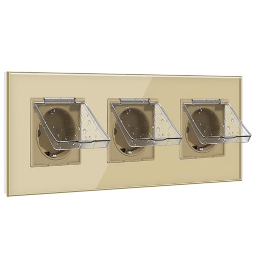 BSEED Schuko Steckdose mit Wasserdichter Abdeckung, Wandsteckdose 3 Fach Kristall Glas Platte,Unterputz Dreifachsteckdose 16Amp Gold,Ideal für Feuchträume,Outdoor & Indoor Verwendung von BSEED