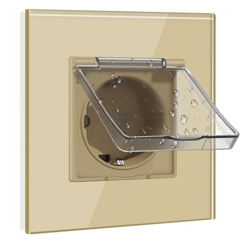BSEED Schuko Steckdose mit Wasserdichter Abdeckung,Wandsteckdose 1 Fach Kristall Glas Platte,Unterputz Steckdose 16Amp Gold,Ideal für Feuchträume,Outdoor & Indoor Verwendung von BSEED