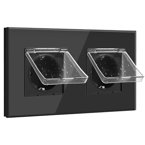 BSEED Schuko Steckdose mit Wasserdichter Abdeckung,Wandsteckdose 2 Fach Kristall Glas Platte, Unterputz Doppelsteckdose 16Amp Schwarz,Ideal für Feuchträume, Outdoor & Indoor Verwendung von BSEED
