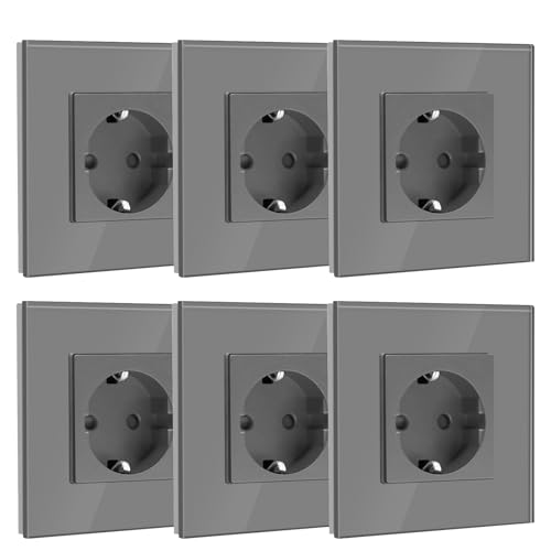 BSEED Schuko Unterputz-Steckdose - 1 Fach Kristall Glas Wandsteckdose Grau, 16A Schutzkontakt 86mm (6 Pack) von BSEED