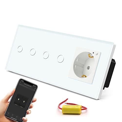 BSEED Schuko WLAN Steckdose mit Single Live Wifi Touch Schalter Wandsteckdose Unterputz Senkrecht aus Glas mit Doppelt Smart Alexa Lichtschalter(Kein Neutralleiter Erforderlich) 2 Fach 1 Weg Weiß von BSEED