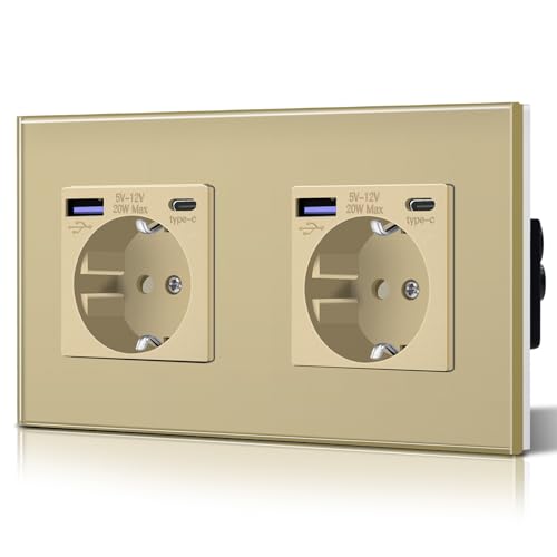 BSEED Schuko Wand Doppelt Steckdose mit 20W USB & Typ C Schnellladegerät Glas 3 in 1 Unterputz Wandsteckdose Ladeleistung und USB C Adapter Aufladestation, Einfache Installation Gold von BSEED