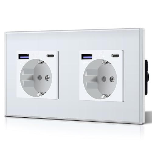 BSEED Schuko Wand Doppelt Steckdose mit 20W USB & Typ C Schnellladegerät Glas 3 in 1 Unterputz Wandsteckdose Ladeleistung und USB C Adapter Aufladestation, Einfache Installation Weiß von BSEED