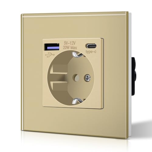 BSEED Schuko Wand Steckdose mit 20W USB & Typ C Schnellladegerät Glas 3 in 1 Unterputz Wandsteckdose Ladeleistung und USB C Adapter Aufladestation, Einfache Installation Gold von BSEED