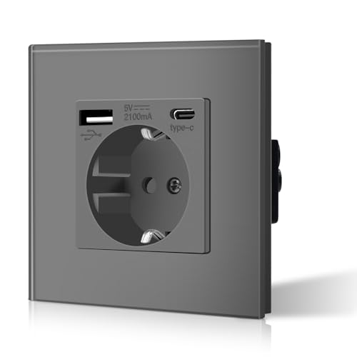 BSEED Schuko Wand Steckdose mit USB & Typ C Glas 3 in 1 Unterputz Steckdosen 1 Weg mit 2.1 A USB Ladeleistung und Typ C Adapter Aufladestation, Einfache Installation, 3-Draht Erforderlich, Grau von BSEED