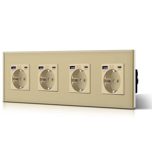 BSEED Schuko Wand Vierfach Steckdose mit 20W USB & Typ C Schnellladegerät Glas 3 in 1 Unterputz Wandsteckdose Ladeleistung und USB C Adapter Aufladestation, Einfache Installation Gold von BSEED