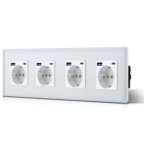 BSEED Steckdose aus Glas mit 20W USB C, Schnellladegerät Wandsteckdose, 3 in 1 Unterputz Steckdosen, Einfache Installation, 240V 16A, 299mm 4 Fach Weiß von BSEED