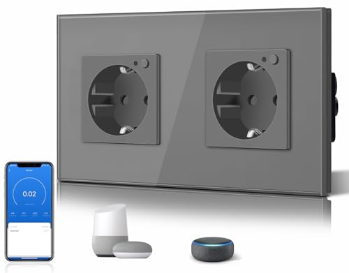BSEED Schuko Wifi Doppelt Steckdose Unterputz mit Energieüberwachung 16A Smart Alexa, APP-Steuerung Arbeit mit Alexa/Google Home Stromverbrauch messen, Zeitpläne, Timer, Nur 2.4 GHz Grau von BSEED