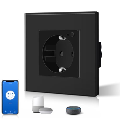 BSEED Schuko Wifi Steckdose 16A Smart Alexa Glassteckdose, 1 Pack 1 Weg Schwarz 86mm Unterputz-Installation APP-Steuerung Arbeit mit Alexa/Google Home DIY Free Spin Nur 2.4 GHz von BSEED