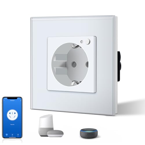 BSEED Schuko Wifi Steckdose 16A Smart Alexa Glassteckdose, 1 Pack 1 Weg Weiß 86mm Unterputz-Installation APP-Steuerung Arbeit mit Alexa/Google Home DIY Free Spin Nur 2.4 GHz von BSEED