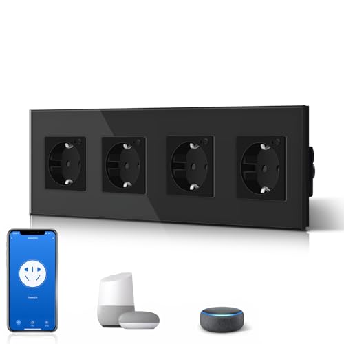 BSEED Schuko Wifi Steckdose 16A Smart Alexa Glassteckdose, 1 Pack 4 Weg Schwarz 299mm Unterputz-Installation APP-Steuerung Arbeit mit Alexa/Google Home DIY Free Spin Nur 2.4 GHz von BSEED