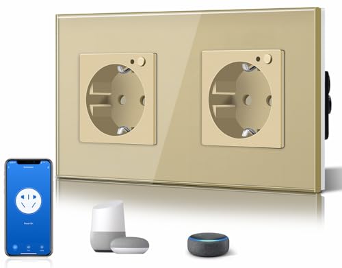 BSEED Schuko Wifi Steckdose 16A Smart Alexa Glassteckdose, 1 Pack Doppelsteckdose 2 Weg Gold 157mm Unterputz-Installation APP-Steuerung Arbeit mit Alexa/Google Home DIY Free Spin Nur 2.4 GHz von BSEED