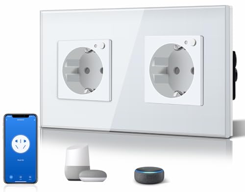 BSEED Schuko Wifi Steckdose 16A Smart Alexa Glassteckdose, 1 Pack Doppelsteckdose 2 Weg Weiß 157mm Unterputz-Installation APP-Steuerung Arbeit mit Alex DIY Free Spin Nur 2.4 GHz von BSEED