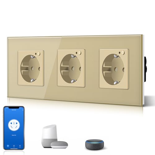 BSEED Schuko Wifi Steckdose 16A Smart Alexa Glassteckdose, 1 Pack Dreifachsteckdose 3 Weg Gold 228mm Unterputz-Installation APP-Steuerung Arbeit mit Alexa/Google Home DIY Free Spin Nur 2.4 GHz von BSEED