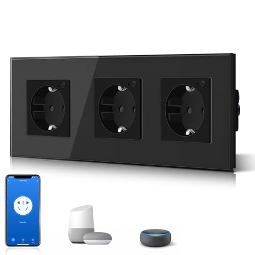 BSEED Schuko Wifi Steckdose 16A Smart Alexa Glassteckdose, 1 Pack Dreifachsteckdose 3 Weg Schwarz 228mm Unterputz-Installation APP-Steuerung Arbeit mit Alexa/Google Home DIY Free Spin Nur 2.4 GHz von BSEED
