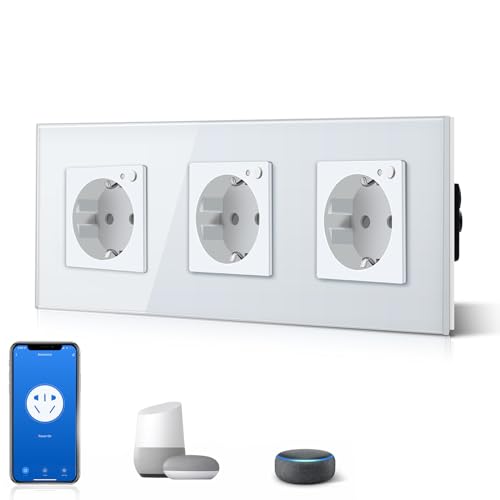 BSEED Schuko Wifi Steckdose 16A Smart Alexa Glassteckdose, 1 Pack Dreifachsteckdose 3 Weg Weiß 228mm Unterputz-Installation APP-Steuerung Arbeit mit Alexa/Google Home DIY Free Spin Nur 2.4 GHz von BSEED