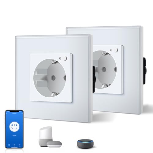 BSEED Schuko Wifi Steckdose 16A Smart Alexa Glassteckdose, 2 Pack 1 Weg Weiß 86mm Unterputz-Installation APP-Steuerung Arbeit mit Alexa/Google Home DIY Free Spin Nur 2.4 GHz von BSEED