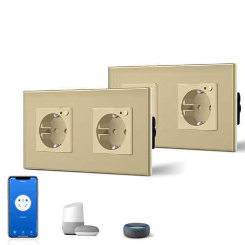 BSEED Schuko Wifi Steckdose 16A Smart Alexa Glassteckdose, 2 er Pack Doppelsteckdose 2 Weg Gold 157mm Unterputz-Installation APP-Steuerung Arbeit mit Alexa/Google Home DIY Free Spin Nur 2.4 GHz von BSEED
