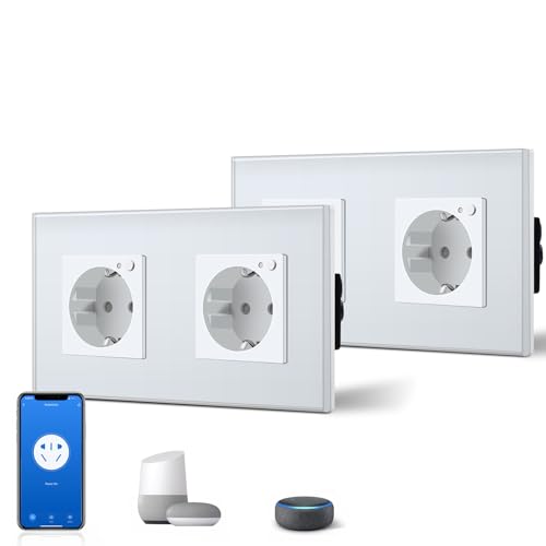 BSEED Schuko Wifi Steckdose 16A Smart Alexa Glassteckdose, 2 er Pack Doppelsteckdose 2 Weg Weiß 157mm Unterputz-Installation APP-Steuerung Arbeit mit Alexa/Google Home DIY Free Spin Nur 2.4 GHz von BSEED