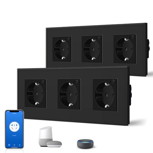 BSEED Schuko Wifi Steckdose 16A Smart Alexa Glassteckdose, 2 er Pack Dreifachsteckdose 3 Weg Schwarz 228mm Unterputz-Installation APP-Steuerung Arbeit mit Alexa/Google Home DIY Free Spin Nur 2.4 GHz von BSEED