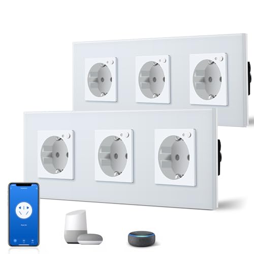 BSEED Schuko Wifi Steckdose 16A Smart Alexa Glassteckdose, 2 er Pack Dreifachsteckdose 3 Weg Weiß 228mm Unterputz-Installation APP-Steuerung Arbeit mit Alexa/Google Home DIY Free Spin Nur 2.4 GHz von BSEED